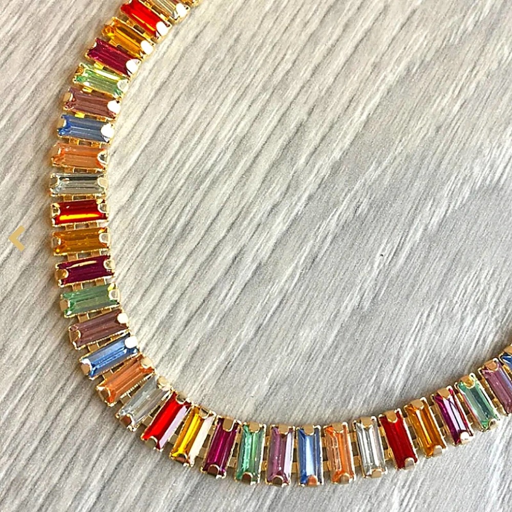 Gold Baguette Multicolor Diamond Rhinestone Choker - Picture 6 of 8